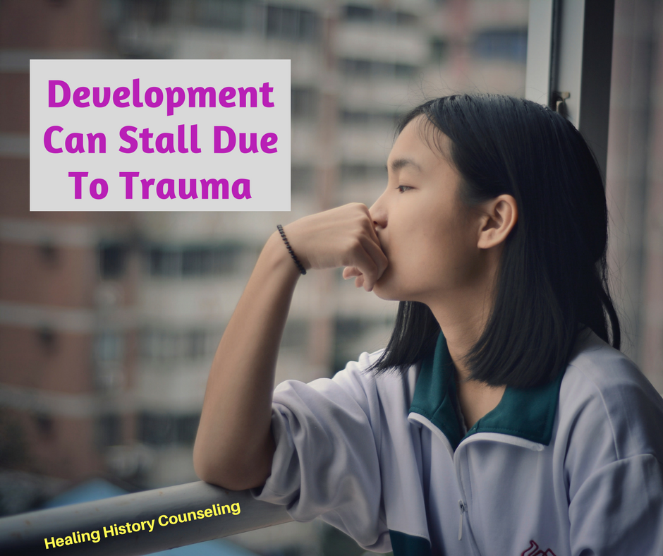 When a child or adolescent experiences extremely difficult events or trauma that goes unhealed, their emotional and psychological development can become delayed, slowed or even stop. A part of them gets stuck, at that time/age of the trauma. This is why adults with childhood trauma will sometimes say that they feel like a child inside. Until that trauma is healed, and that part of themselves is freed to grow up, they can continue to feel like a kid playing at being an adult.